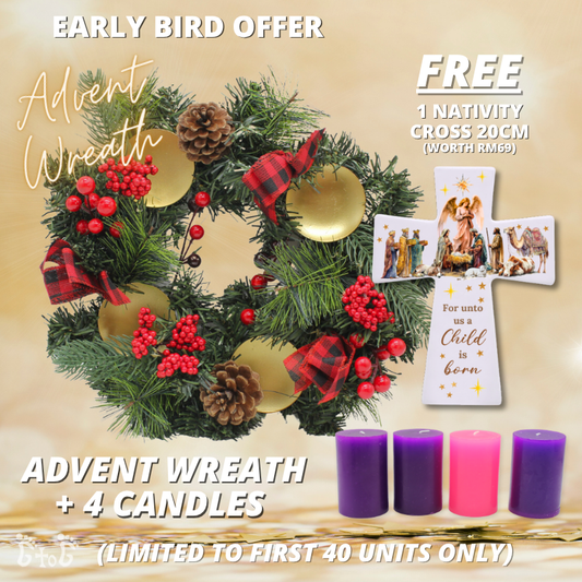 [EARLY BIRD OFFER] Christmas Advent Wreath 13" (Red Pinecones berries) + 4 Advent Candles (FOC Nativity Ceramic Cross)