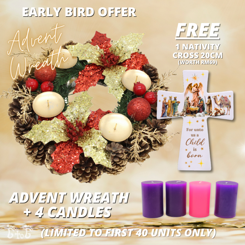 [EARLY BIRD OFFER] Christmas Advent Wreath 12" (Gold Red Poinsettas) + 4 Advent Candles (FOC Nativity Ceramic Cross)