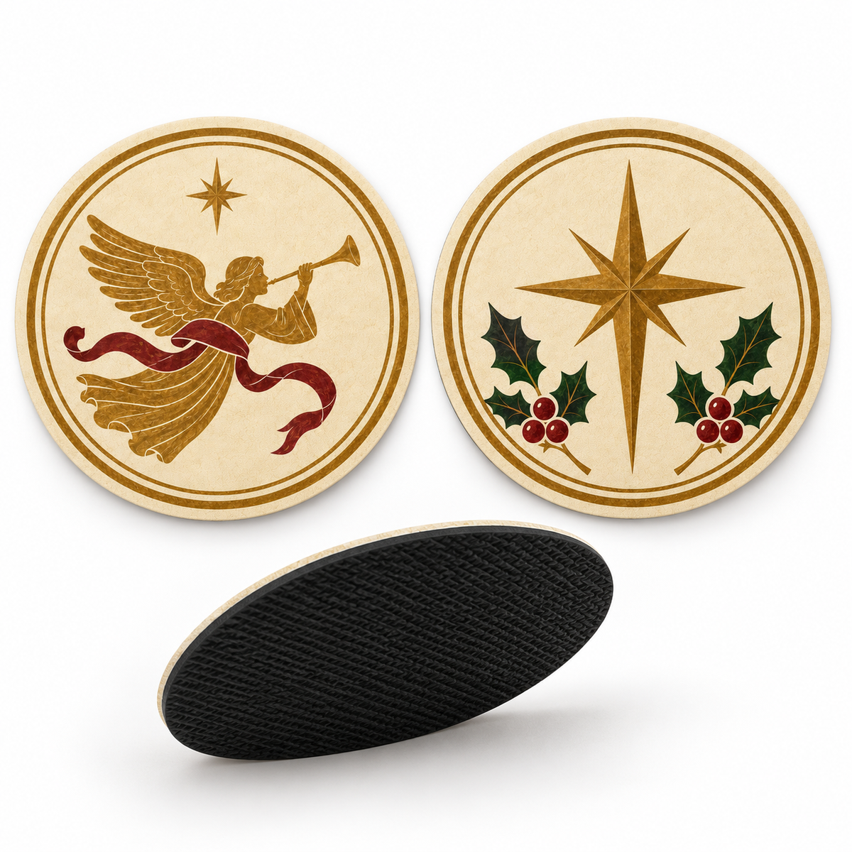 Christmas Coasters - Angel Blowing Trumpet/ Star with Mistletoe