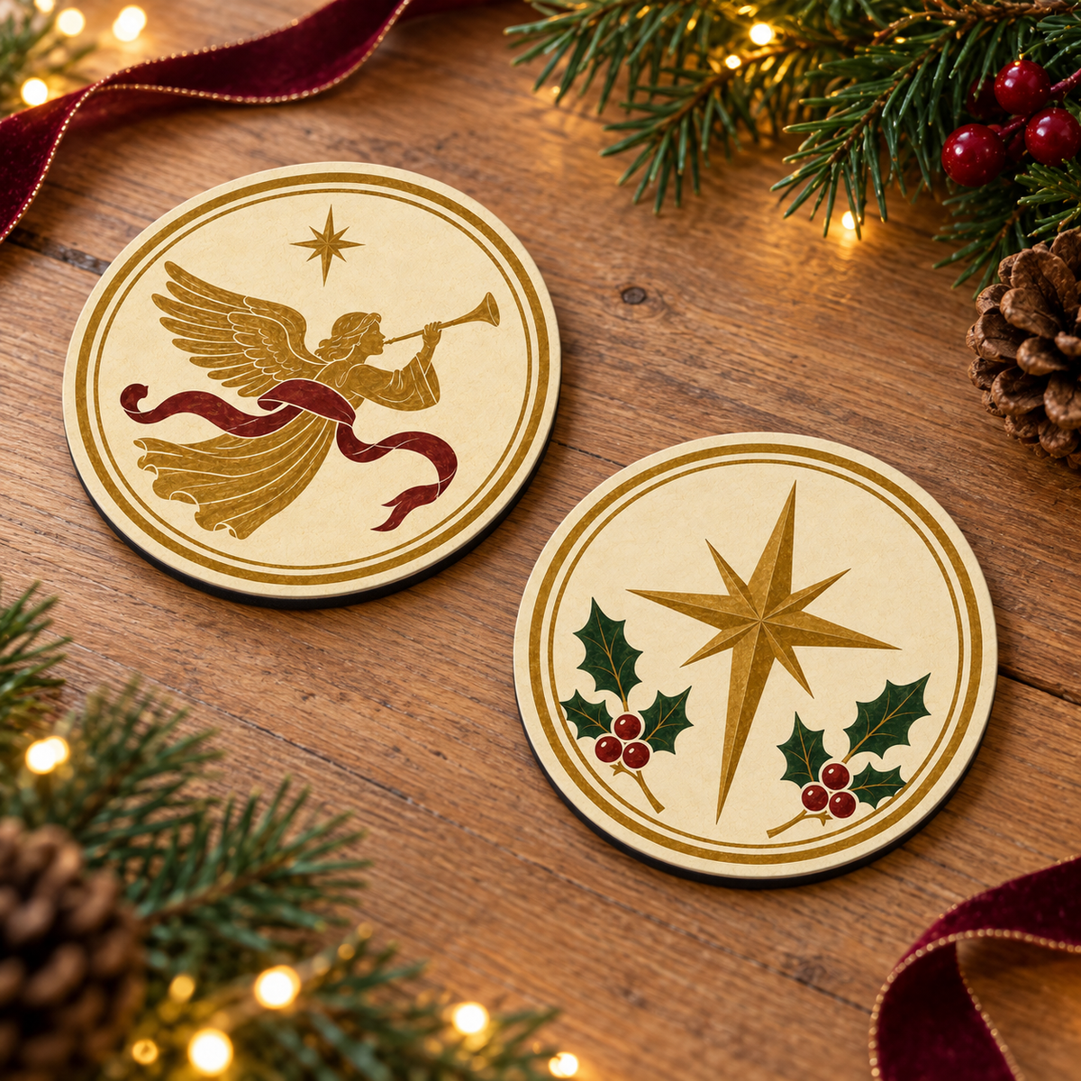 Christmas Coasters - Angel Blowing Trumpet/ Star with Mistletoe
