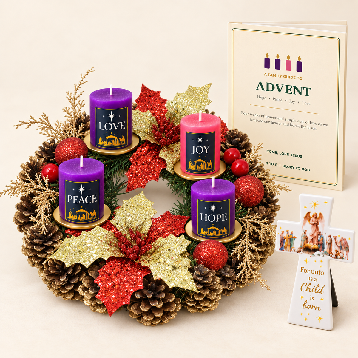 [PRE-ORDER EARLY BIRD OFFER] Complete Family Advent Kit (FOC Nativity Ceramic Cross) - Gold Red Poinsettas