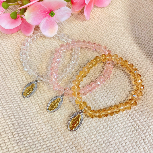 Glass beads elasticated  Bracelet with Stainless steel Miraculous Medal charm