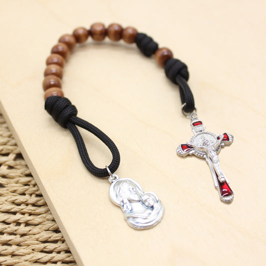 Paracord Wood Pocket Rosary with Medal - One Decade