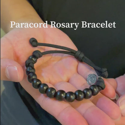 Wood 8mm Beads/Paracord Rosary Bracelet with Stainless steel St Benedict medal - Black Cord (Personalisation Available)