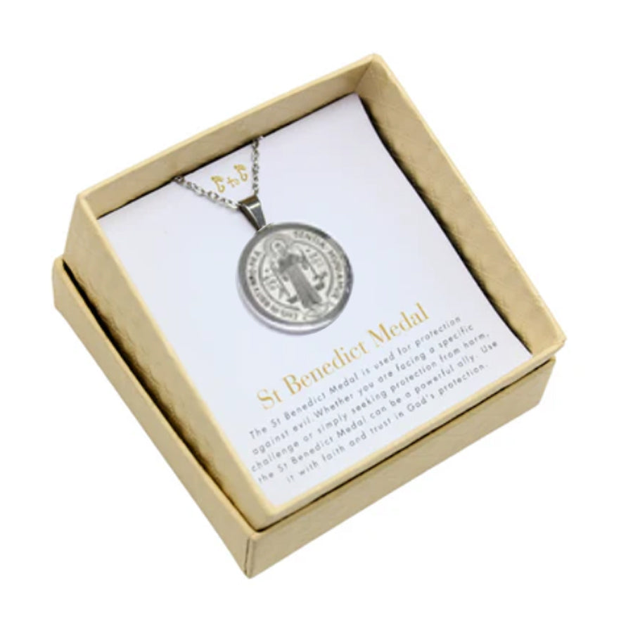 Stainless Steel St Benedict Medal/Chain set 1.5cm/2cm/3cm