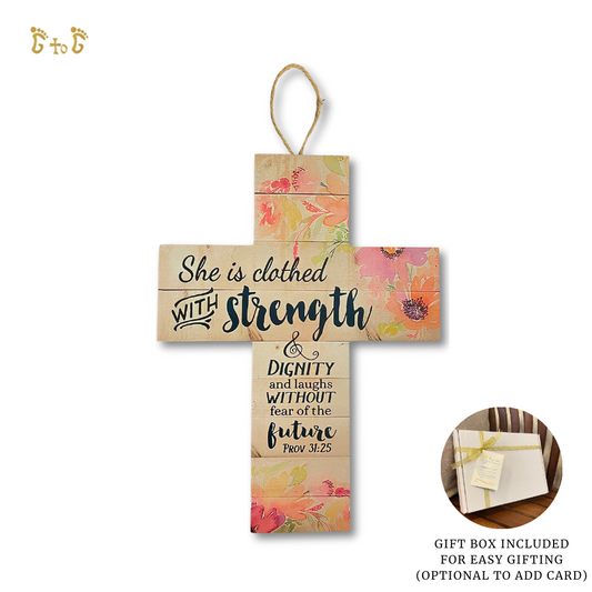 Wood Inspirational Cross - She is clothed with strength