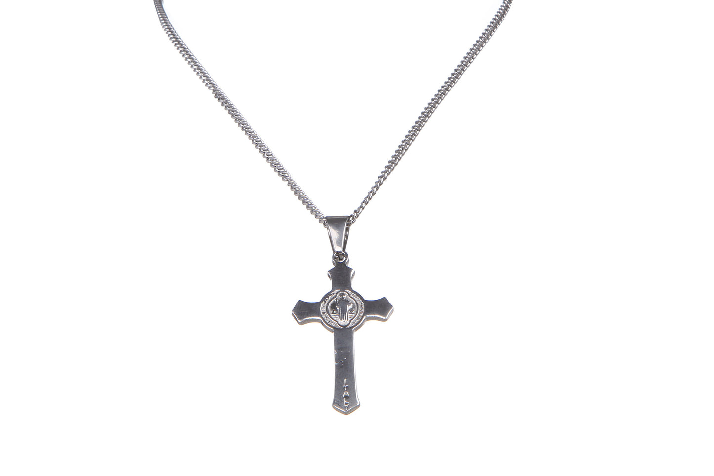 Stainless Steel St Benedict Crucifix/Chain - Silver