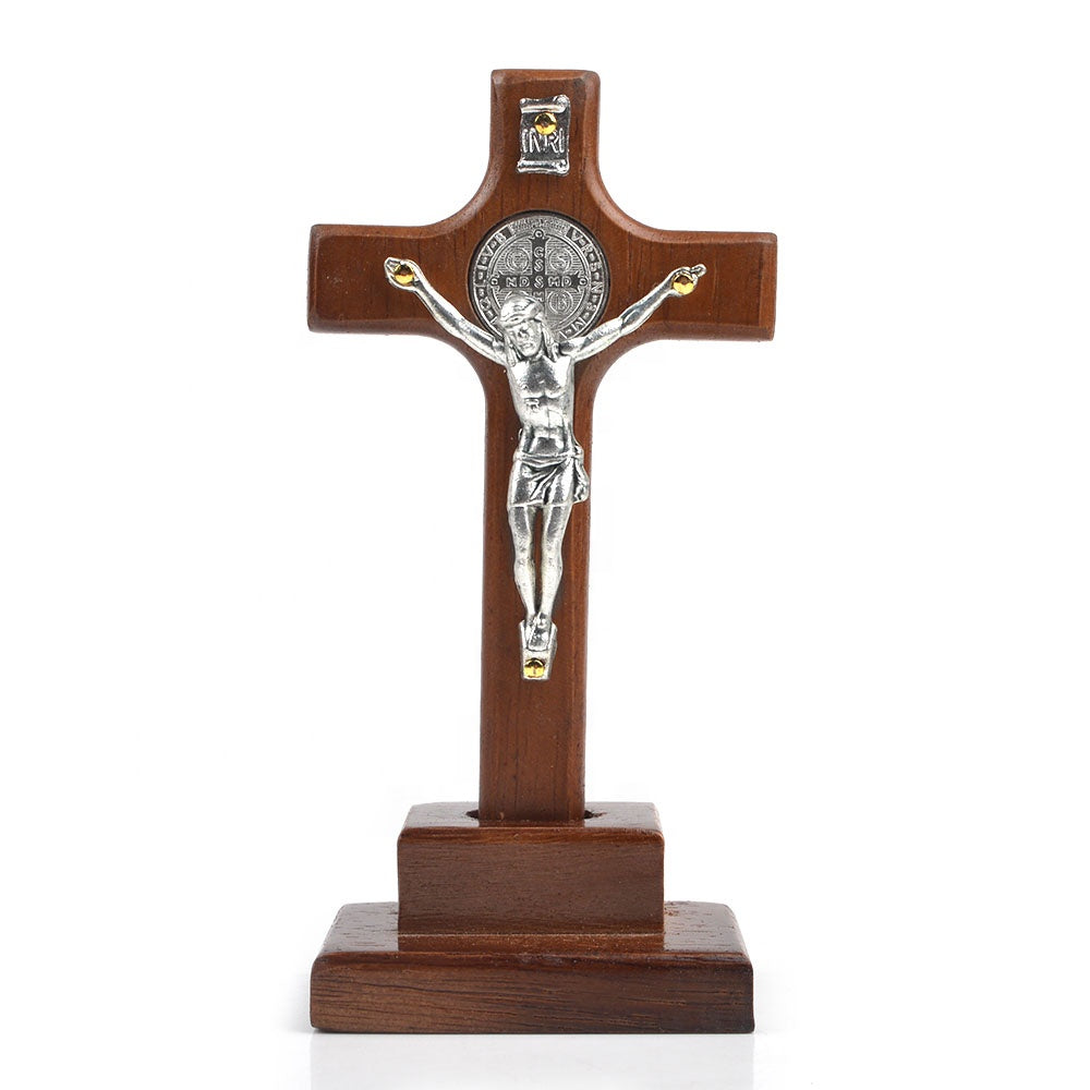 Wood St Benedict Standing Crucifix - 13cm
