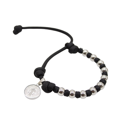 [PRE-ORDER] Stainless Steel Beads /Paracord Rosary Bracelet - Silver/Black Cord (Personalisation Available)