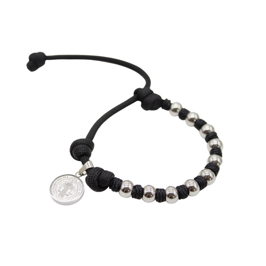 [PRE-ORDER] Stainless Steel Beads /Paracord Rosary Bracelet - Silver/Black Cord (Personalisation Available)