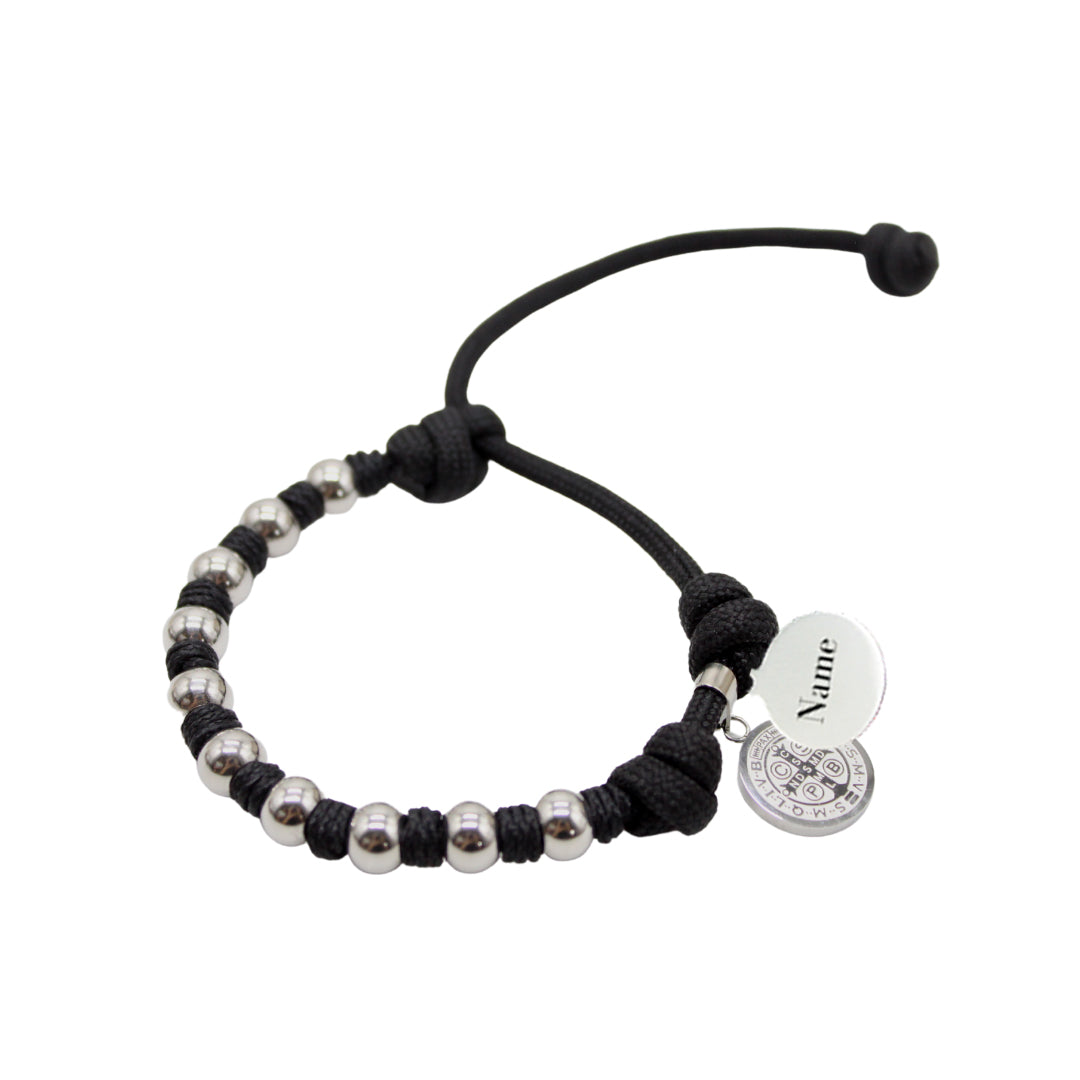 [PRE-ORDER] Stainless Steel Beads /Paracord Rosary Bracelet - Silver/Black Cord (Personalisation Available)
