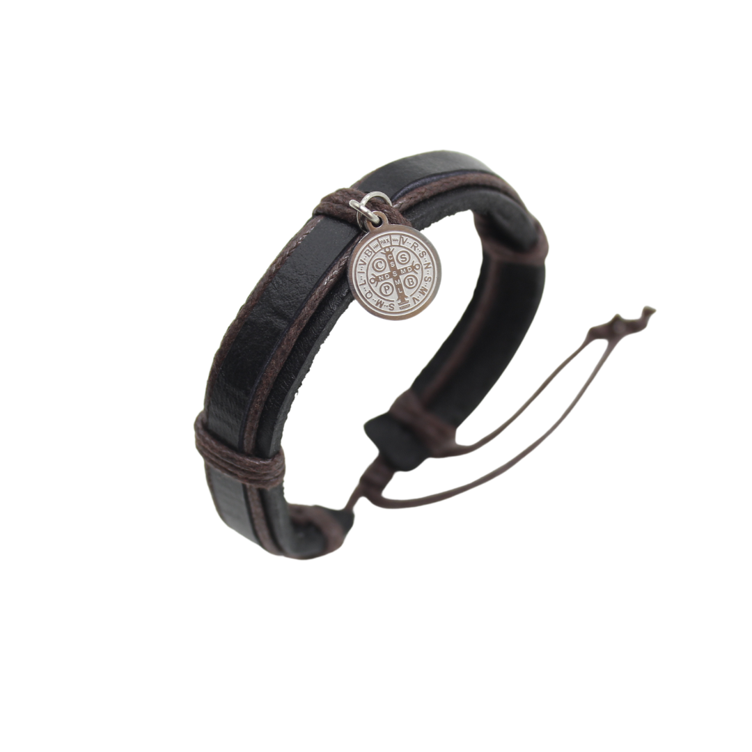 Leather Adustable Bracelet with Stainless Steel St Benedict Medal