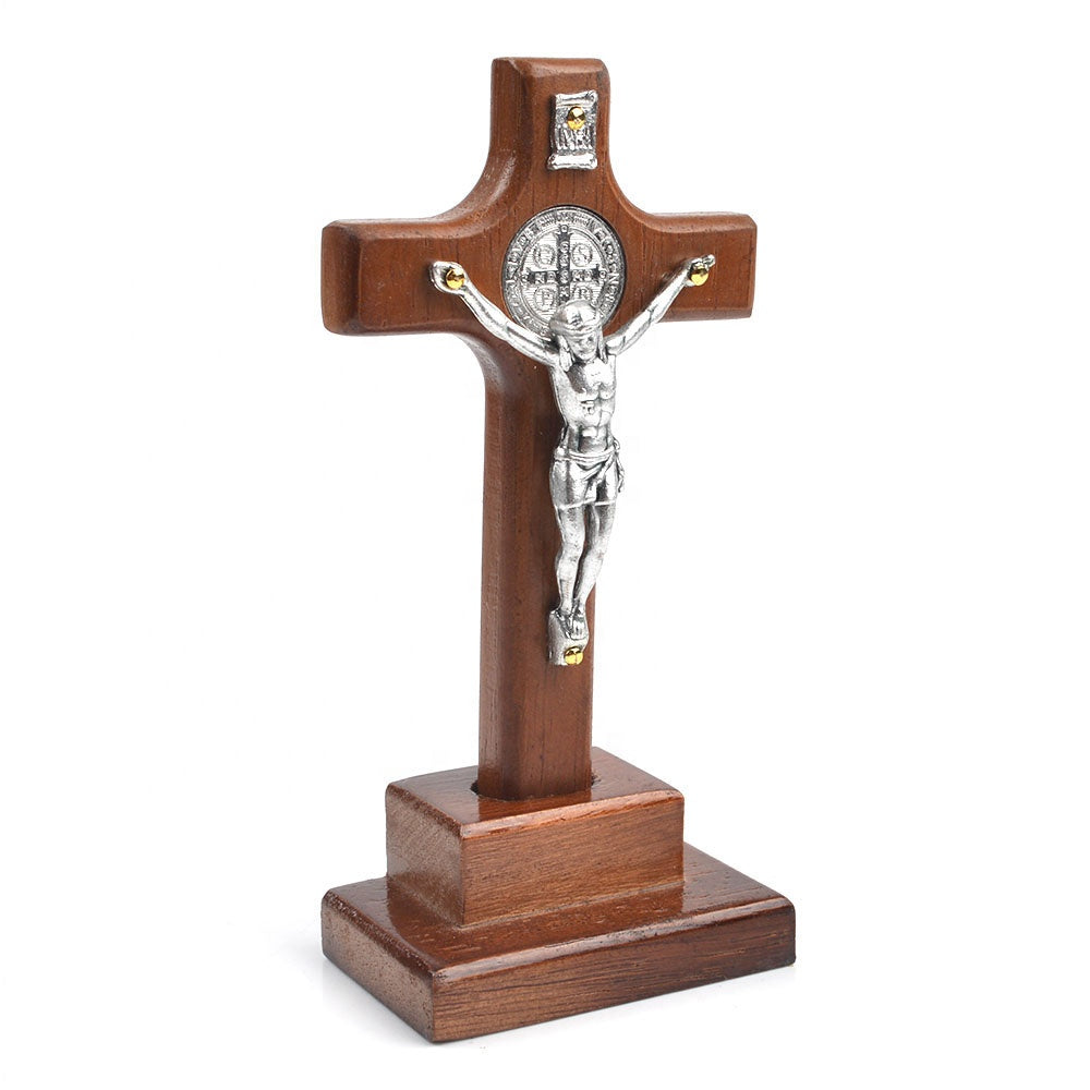 Wood St Benedict Standing Crucifix - 13cm