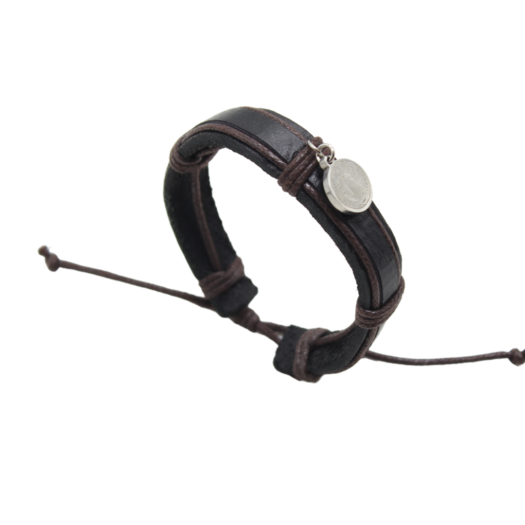 Leather Adustable Bracelet with Stainless Steel St Benedict Medal