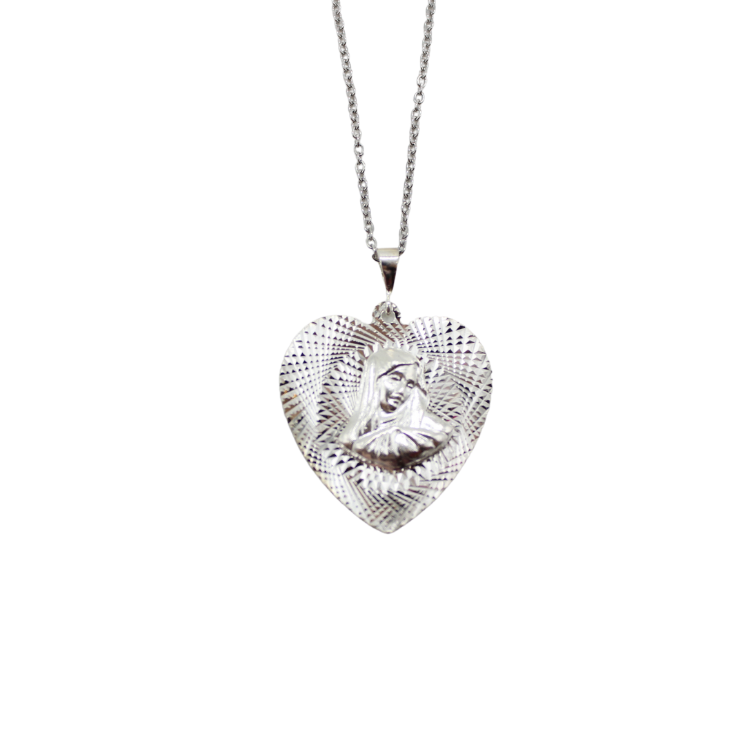 Silver Mother Mary Heart Shape Pendant/Chain Set