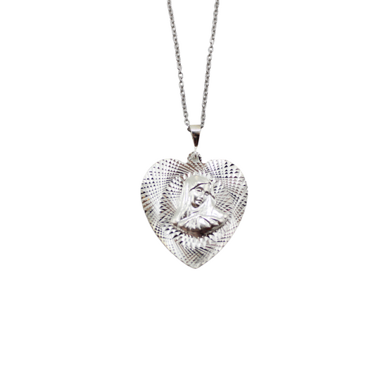 Silver Mother Mary Heart Shape Pendant/Chain Set