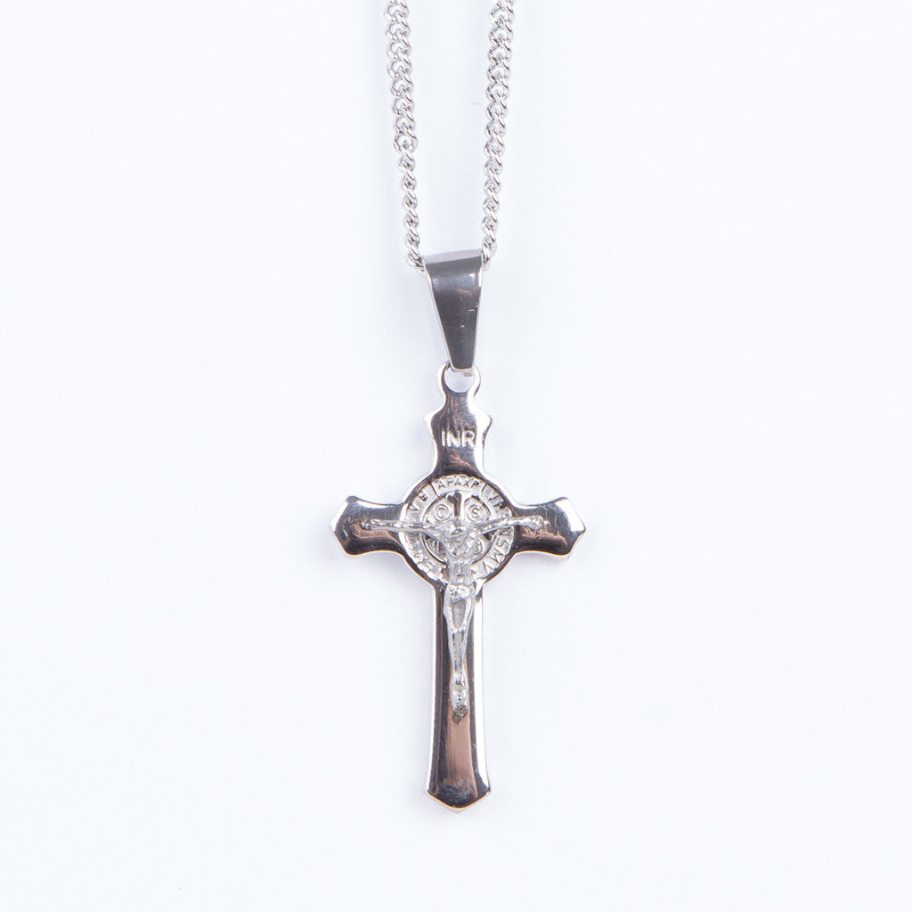 Stainless Steel St Benedict Crucifix/Chain - Silver