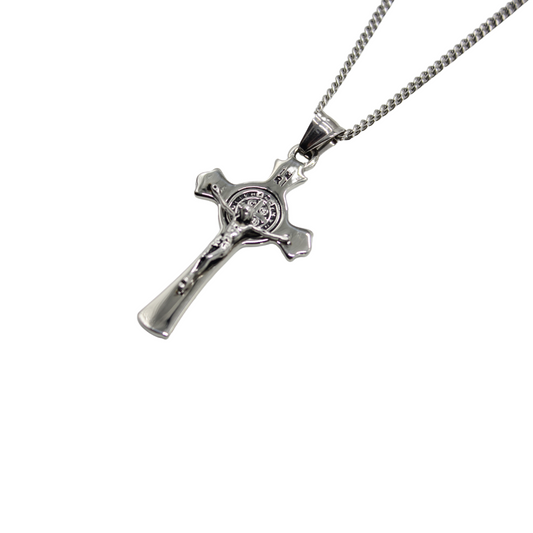 Stainless Steel St Benedict Crucifix/Chain - Silver (6cm)