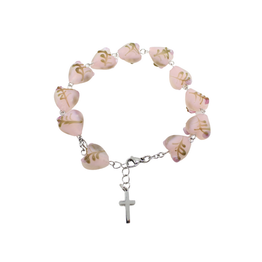 Glass Heart Shape Roses Rosary Bracelet