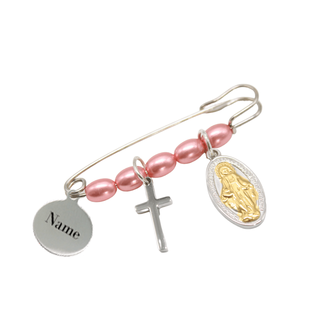 Baby Cross/Miraculous Medal Pin Brooch - Lt Blue/Purple/Pink/White (Personalisation Available)