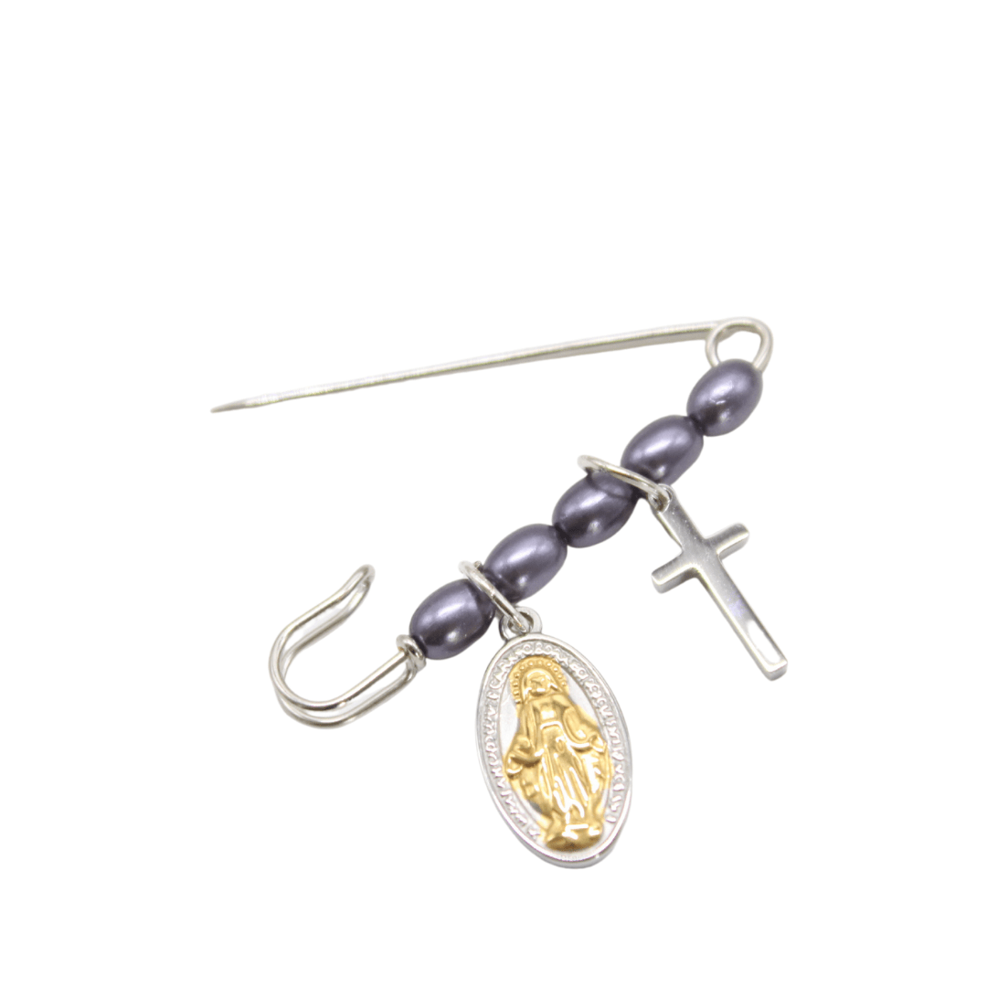 Baby Cross/Miraculous Medal Pin Brooch - Lt Blue/Purple/Pink/White (Personalisation Available)