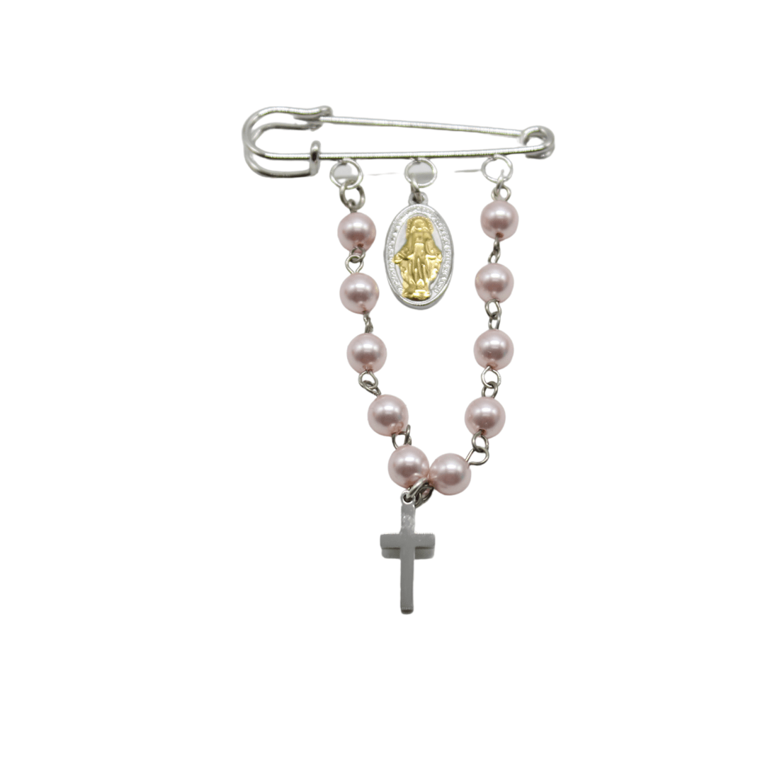 Baby Rosary Brooch/Miraculous Medal (Swaroski Pearl White/Pearl Pink)