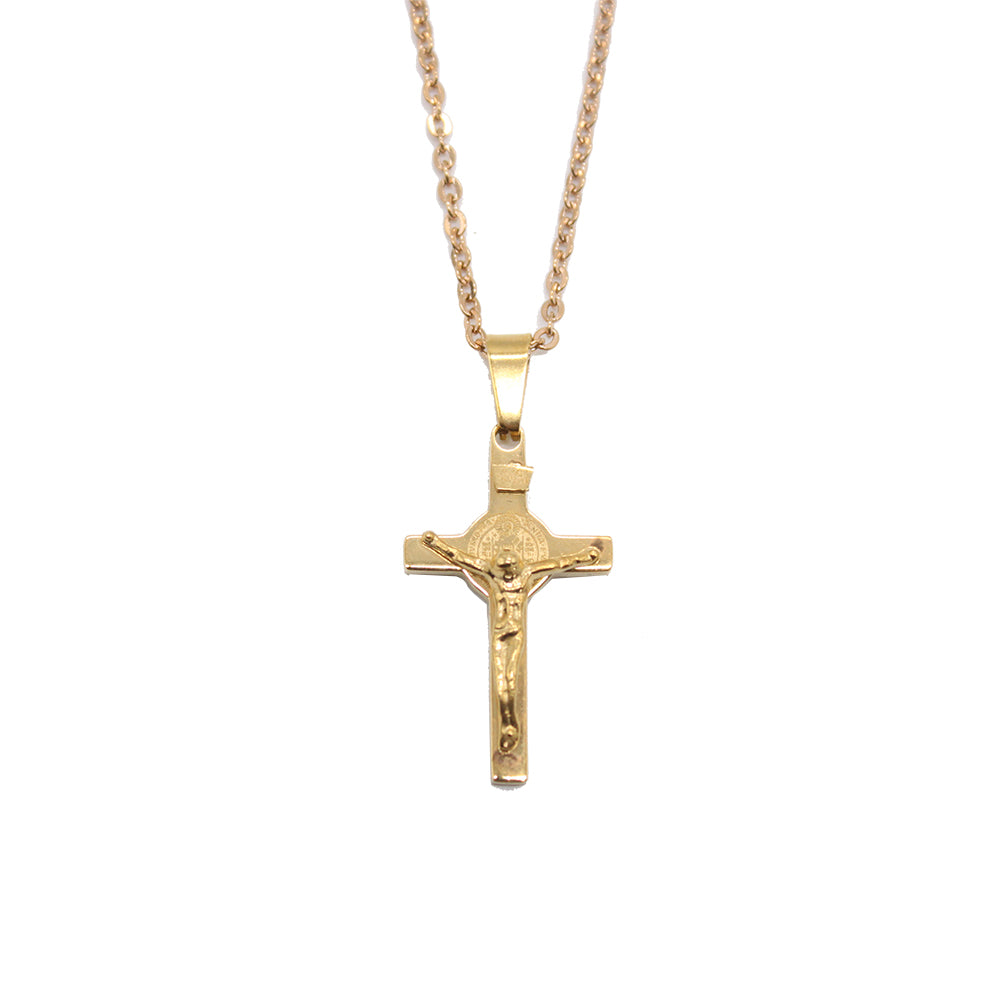 Stainless Steel St Benedict Crucifix/Chain - Gold